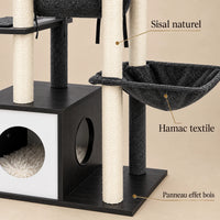 Détails du sisal naturel, du hamac textile et des panneaux effet bois de l'arbre à chat Ash
