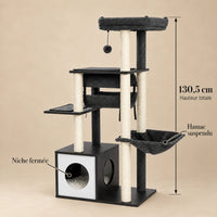Dimensions de l'arbre à chat Ash anthracite : hauteur totale de 130,5 cm, niche et hamac