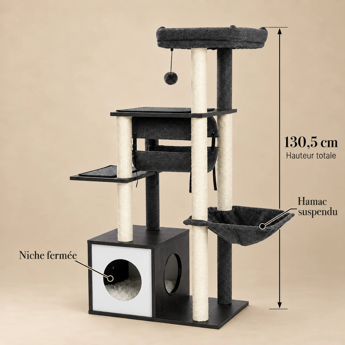 Dimensions de l'arbre à chat Ash anthracite : hauteur totale de 130,5 cm, niche et hamac
