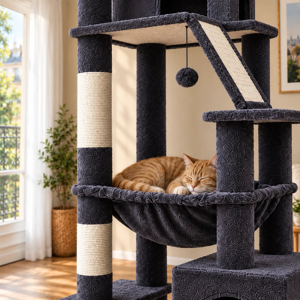 Chat roux endormi dans le hamac anthracite de l’arbre à chat Slate