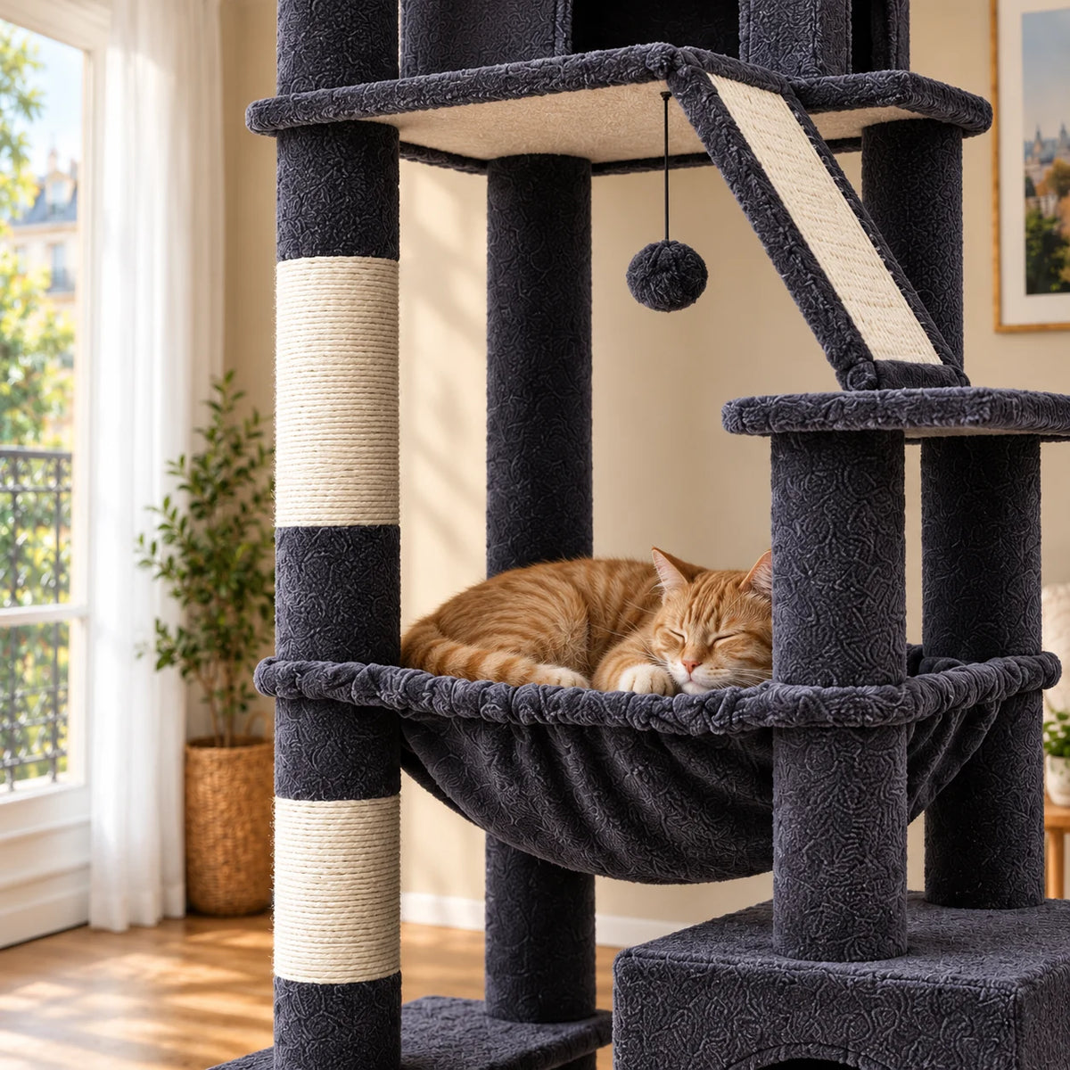 Chat roux endormi dans le hamac anthracite de l’arbre à chat Slate