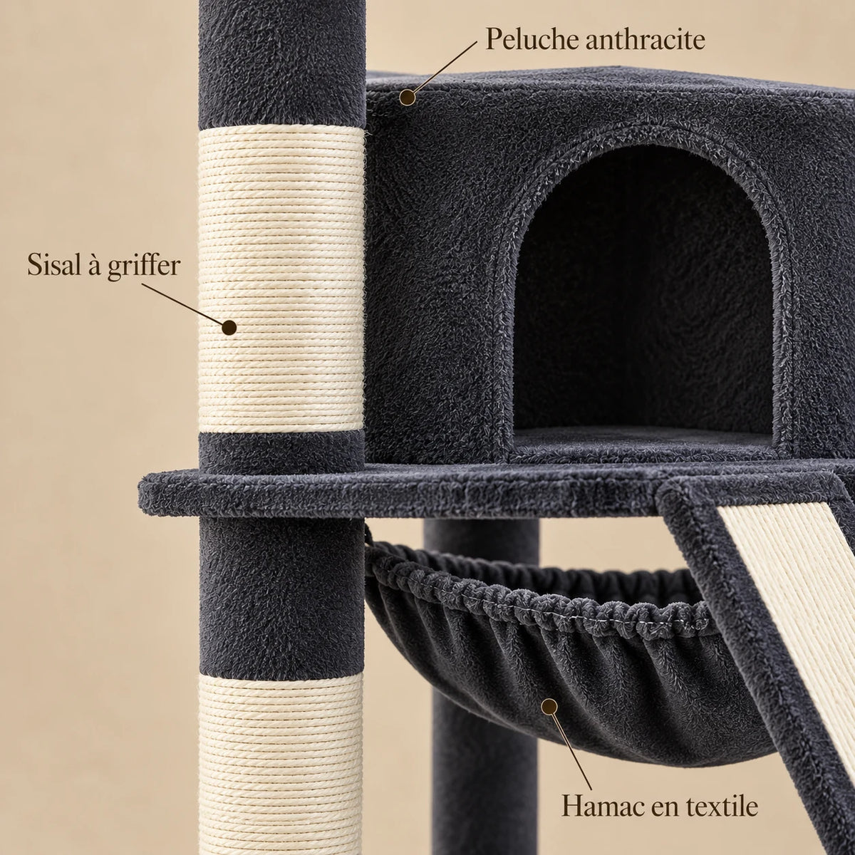Détails de la peluche anthracite, du sisal et du hamac de l’arbre à chat Slate