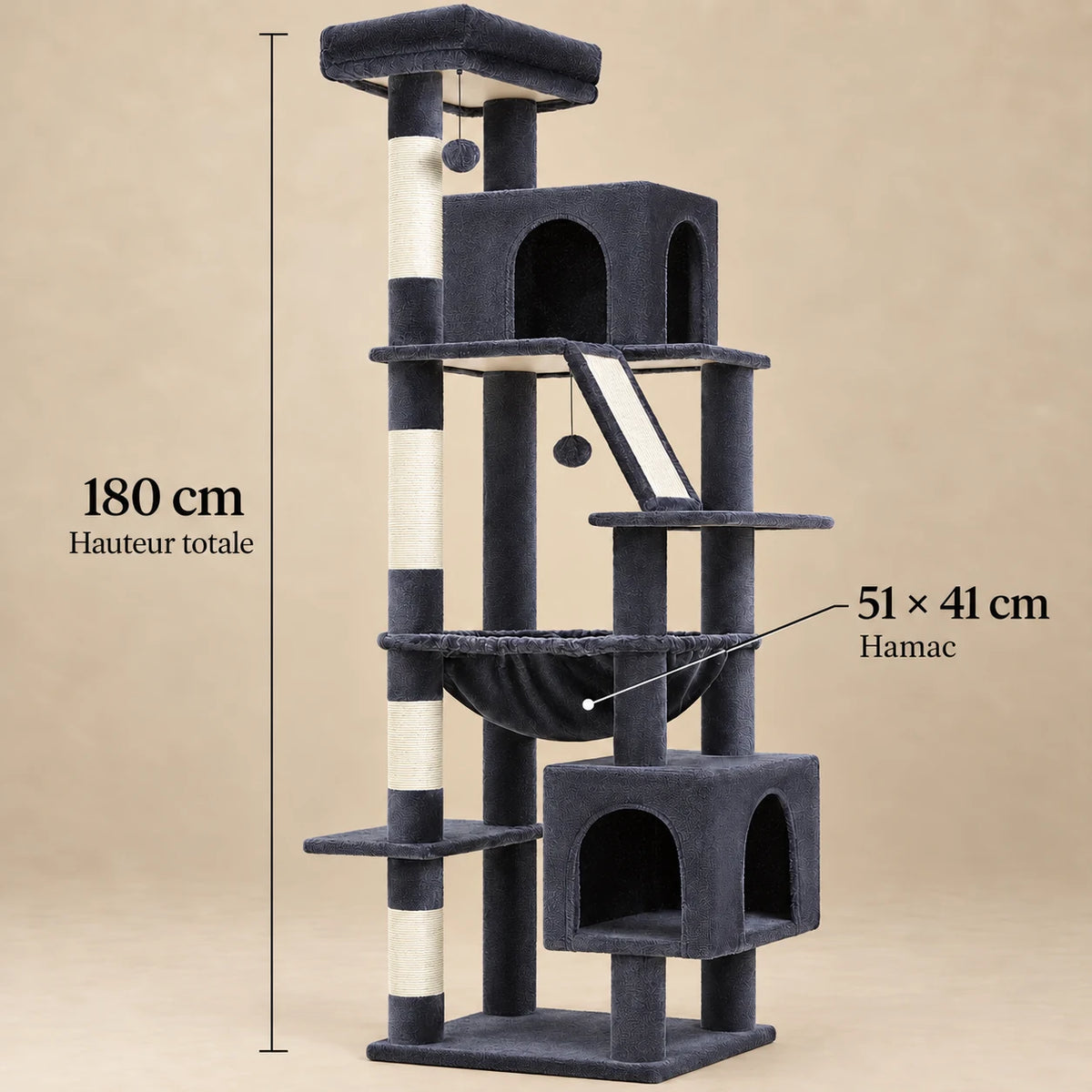 Dimensions de l’arbre à chat Slate anthracite : hauteur de 180 cm et hamac de 51 × 41 cm