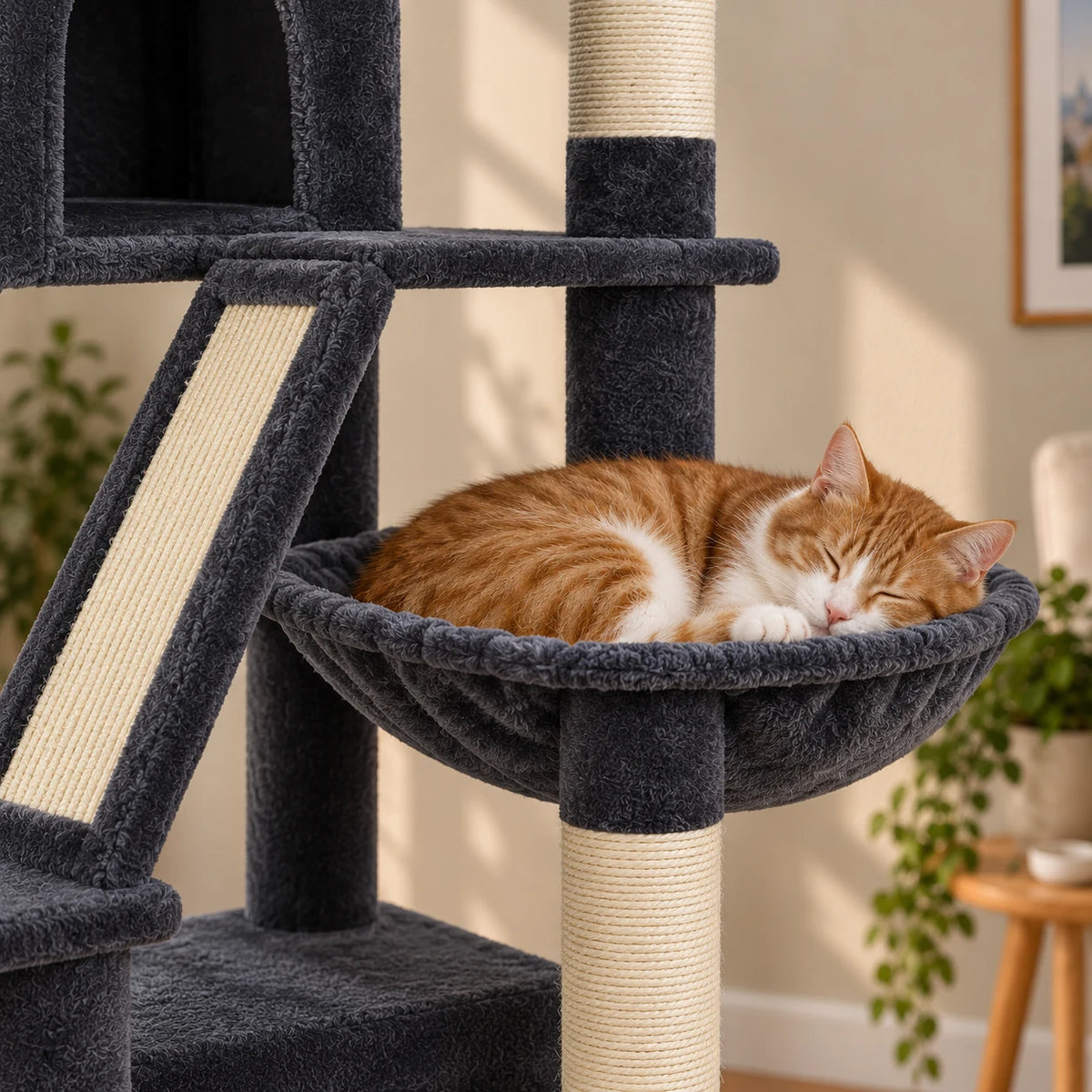 Chat roux et blanc endormi dans le hamac gris anthracite de l’arbre à chat Suie, près de la rampe à griffer