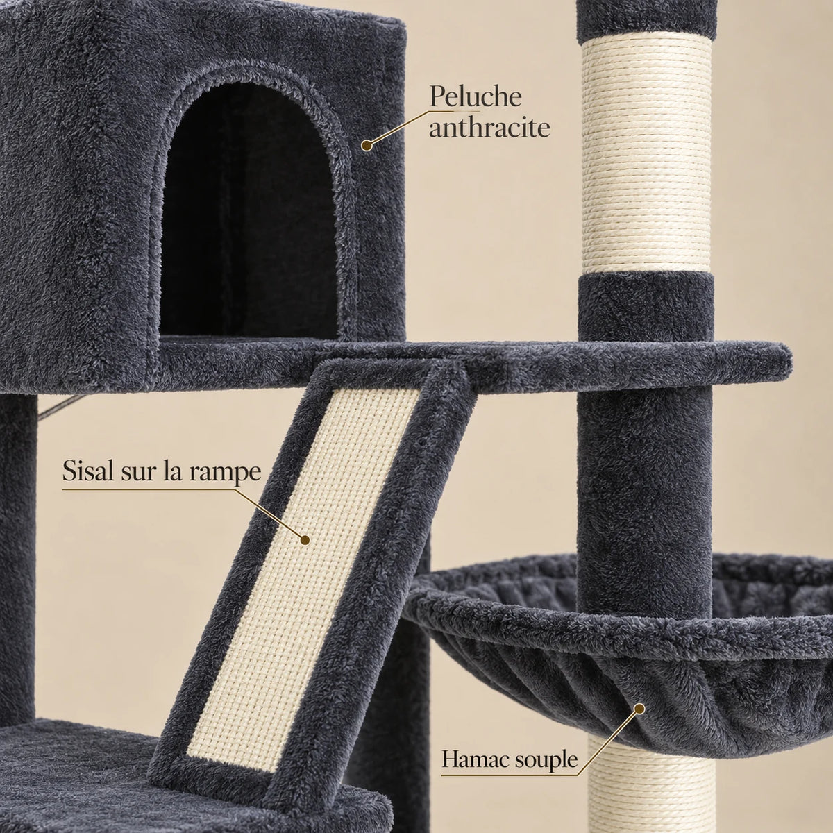 Détails de la peluche anthracite, du sisal ivoire de la rampe et du hamac de l’arbre à chat Suie