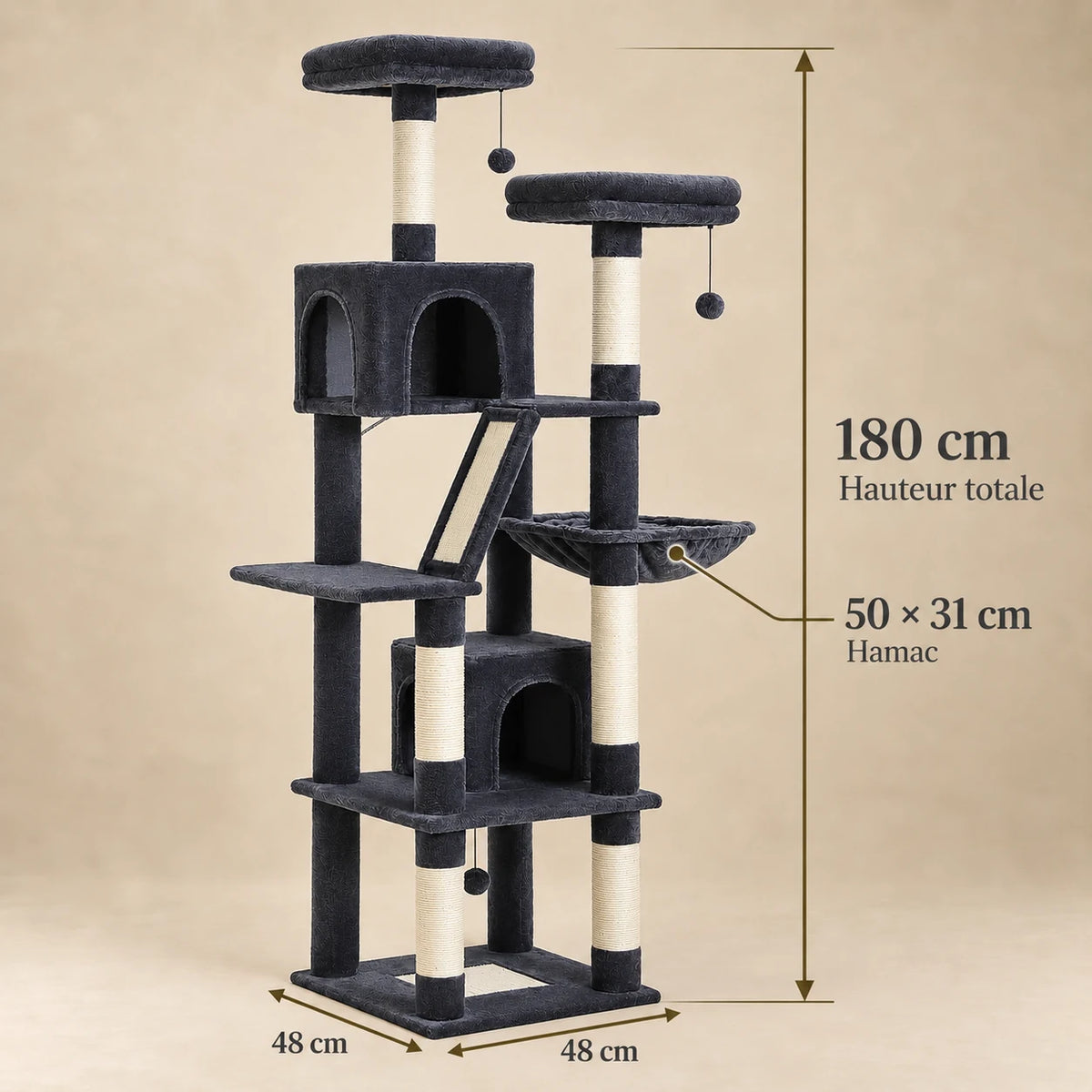 Dimensions de l’arbre à chat Suie anthracite : hauteur 180 cm, base 48 × 48 cm et hamac 50 × 31 cm