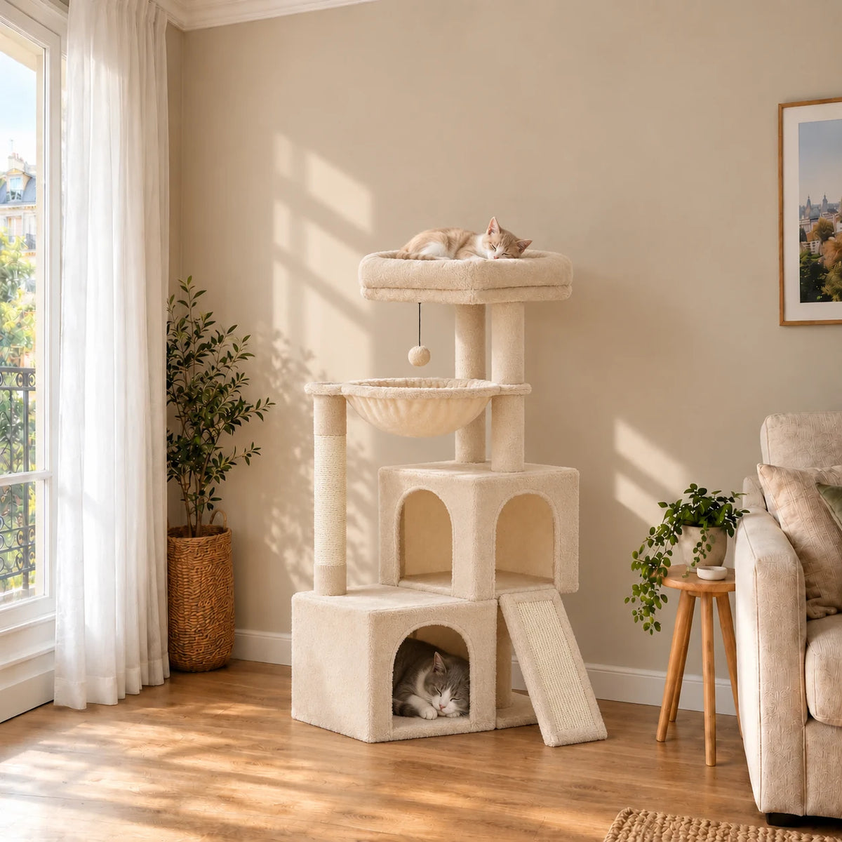 Arbre à chat beige Millet dans un salon avec deux chats endormis sur le perchoir et dans la niche
