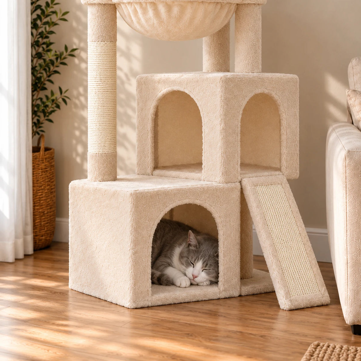 Chat gris et blanc endormi dans la niche basse de l'arbre à chat Millet beige