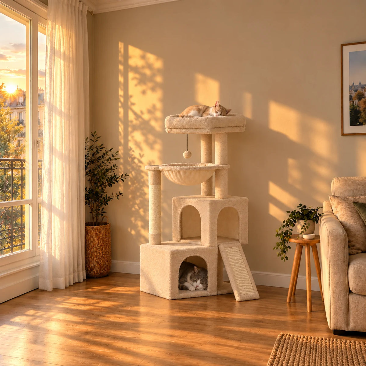 Arbre à chat beige Millet dans un salon au coucher du soleil avec des chats endormis