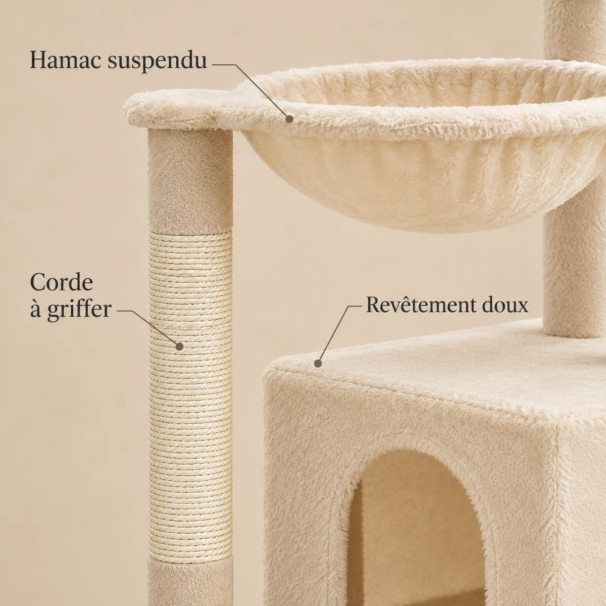 Détails de l'arbre à chat Millet : revêtement doux beige, corde à griffer et hamac suspendu