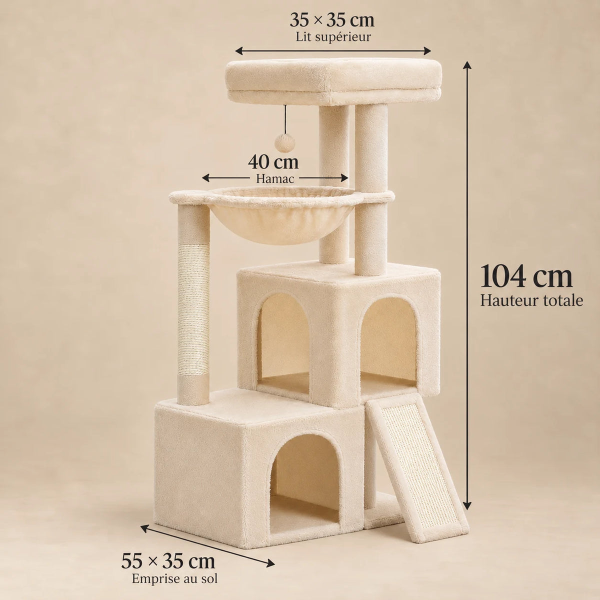 Dimensions de l'arbre à chat Millet : hauteur 104 cm, base 55 × 35 cm, lit supérieur 35 × 35 cm et hamac 40 cm