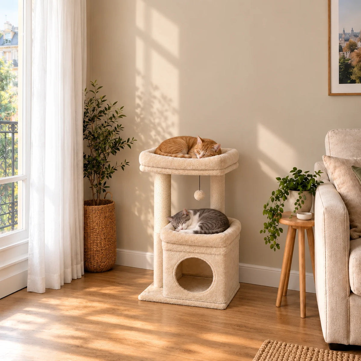 Arbre à chat Hazelnut beige dans un salon avec deux chats endormis sur ses perchoirs
