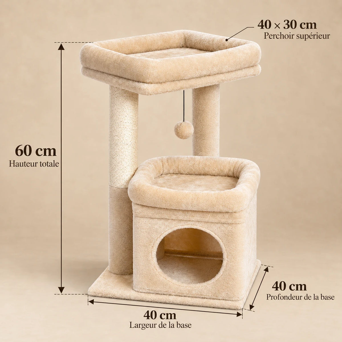 Dimensions de Hazelnut beige : 60 cm de haut, base de 40 × 40 cm et perchoir supérieur de 40 × 30 cm