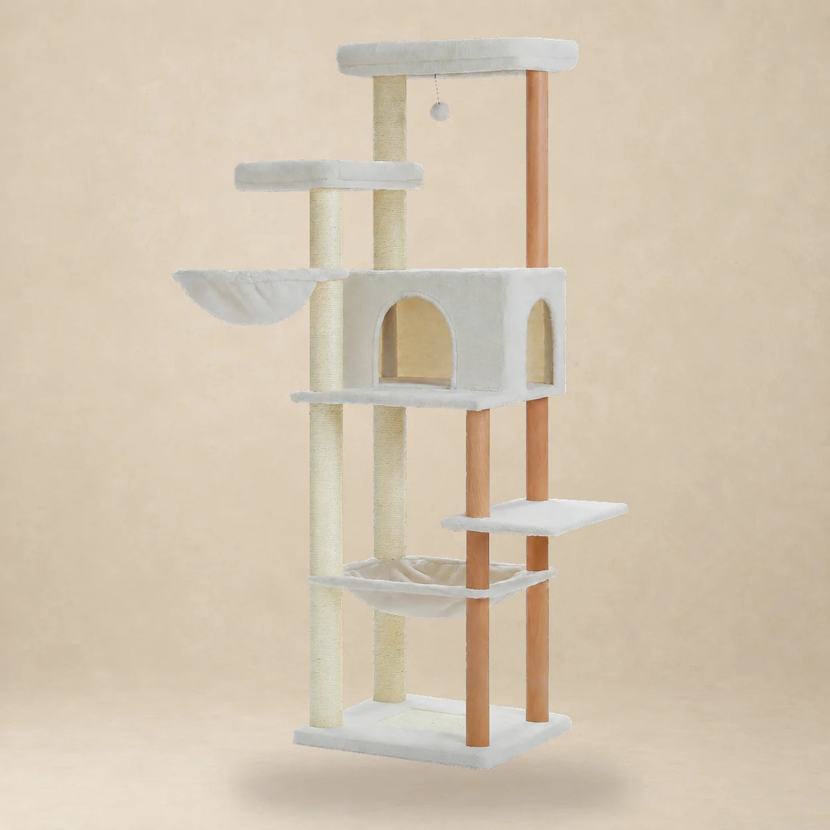 Arbre à chat Dune beige de 186 cm avec deux hamacs, grande niche et plateformes sur fond beige