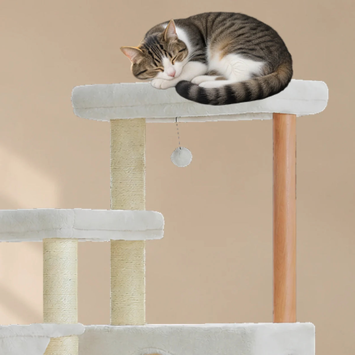Gros plan d’un chat endormi sur la plateforme haute de l’arbre à chat Dune beige
