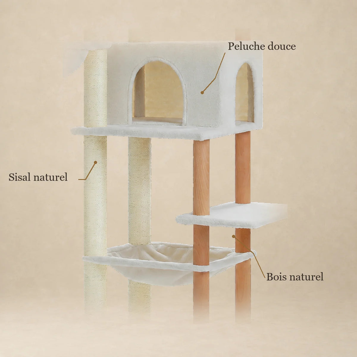 Détails de la peluche beige, des poteaux en sisal naturel et des montants en bois de l’arbre à chat Dune