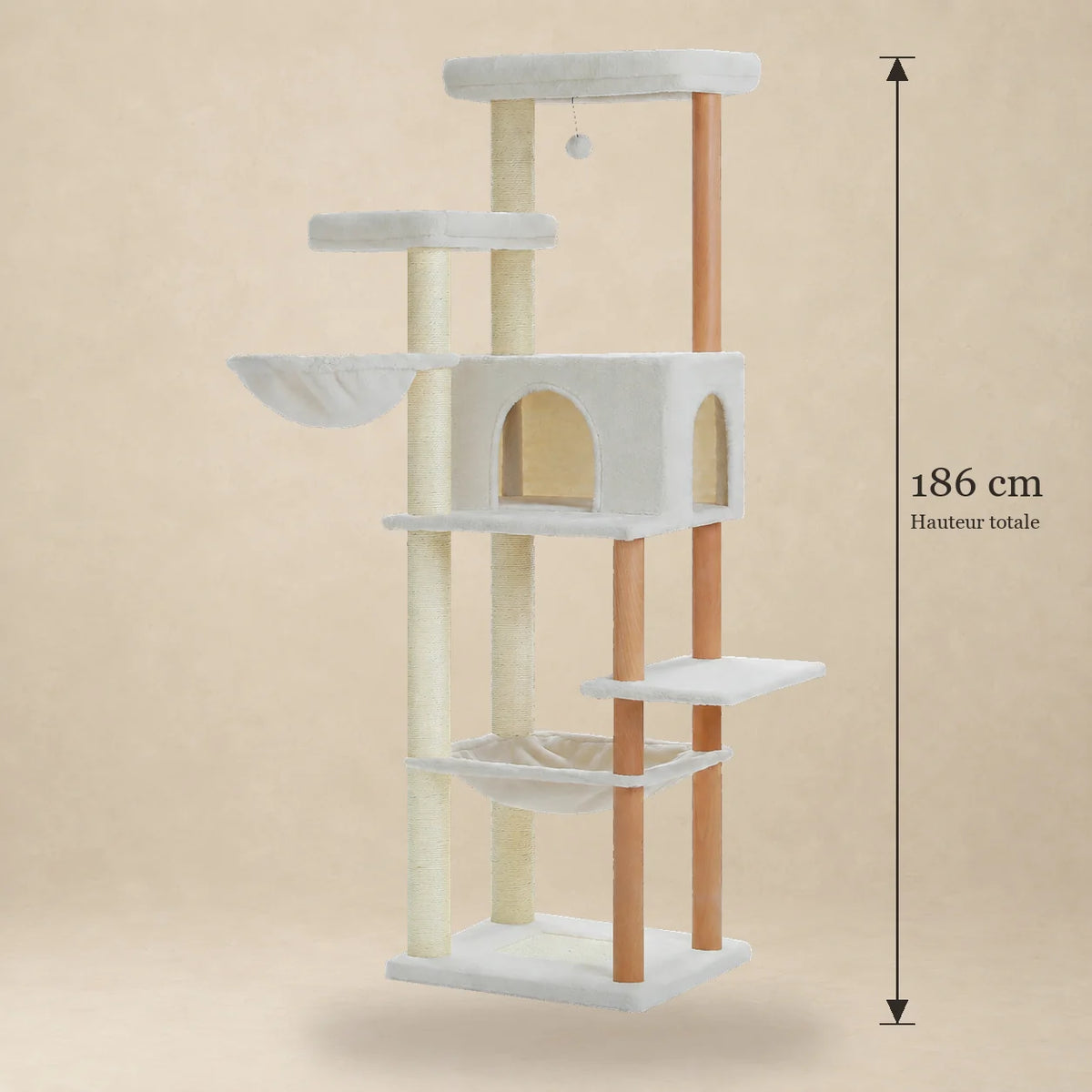 Dimensions vérifiées de l’arbre à chat Dune beige : hauteur totale de 186 cm