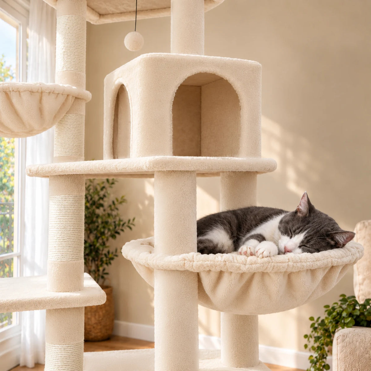 Chat endormi dans le hamac de l'arbre à chat beige Wheaton, détail rapproché