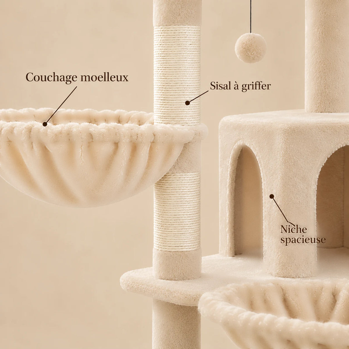 Détails de l'arbre à chat Wheaton : couchage moelleux, sisal à griffer et niches