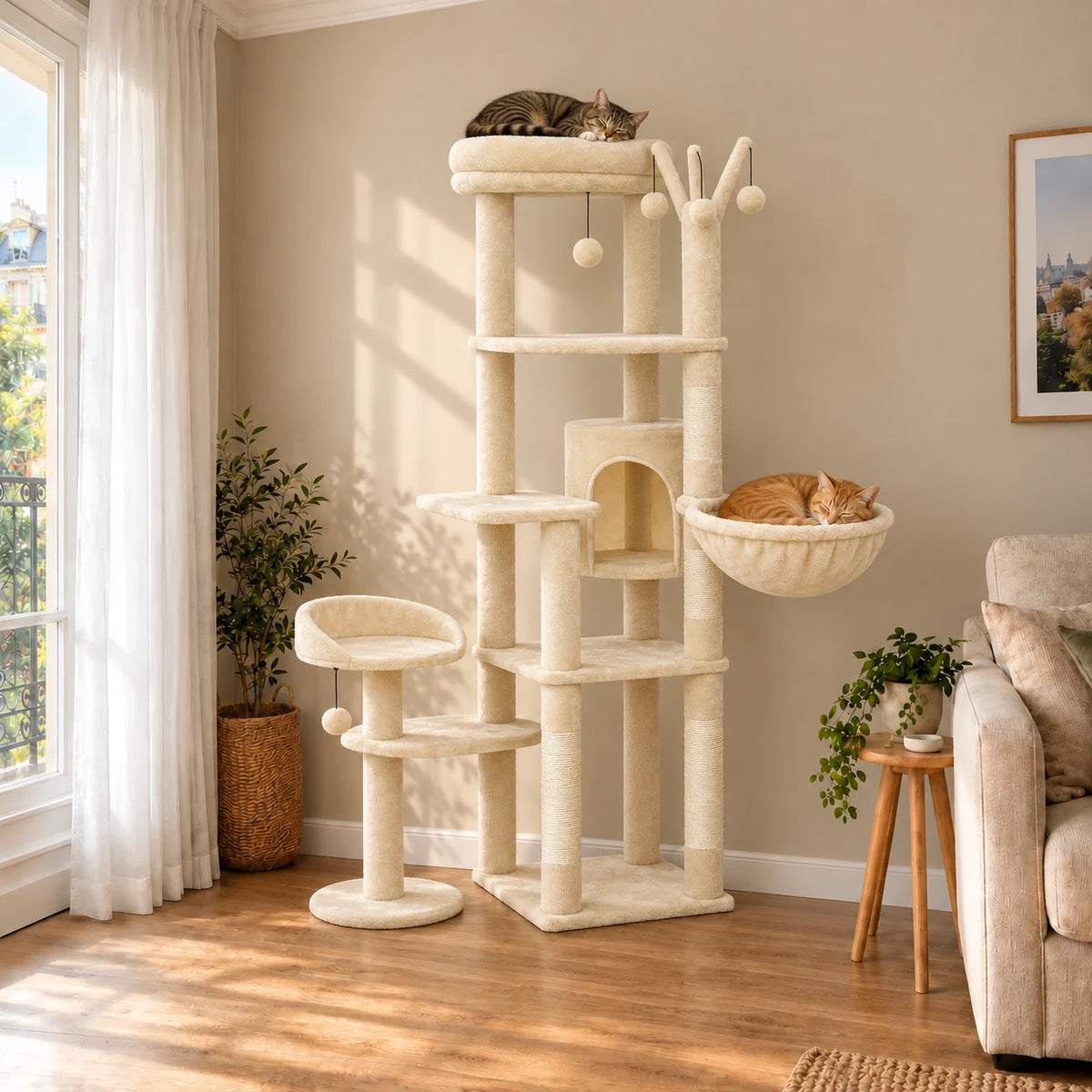Arbre à chat Sablier beige dans un salon avec deux chats endormis sur le couchage haut et dans le grand hamac