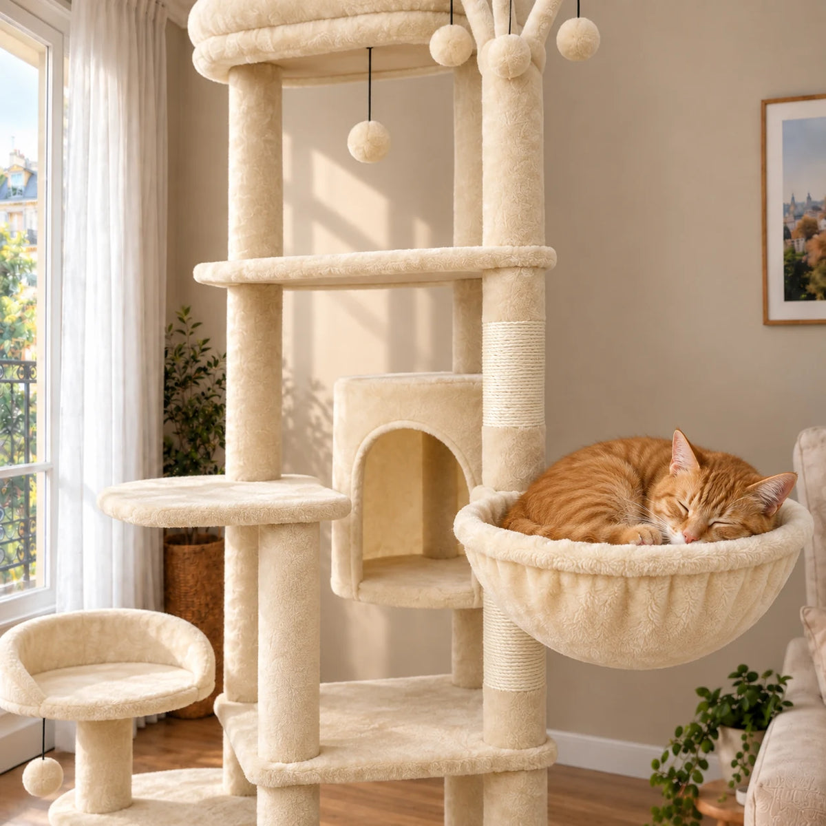 Gros plan d'un chat roux endormi dans le grand hamac beige de l'arbre à chat Sablier