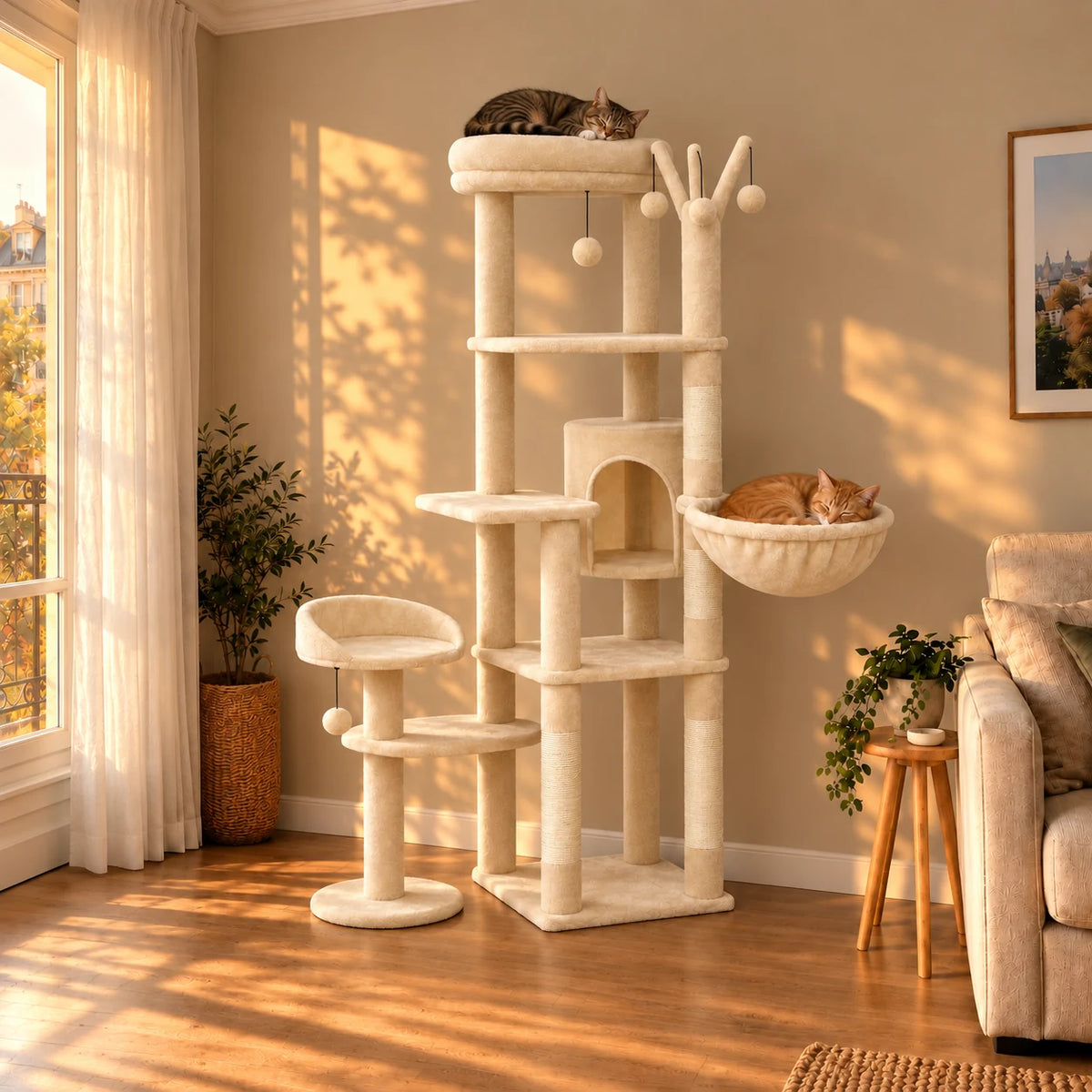 Arbre à chat Sablier beige dans un salon au coucher du soleil avec deux chats endormis