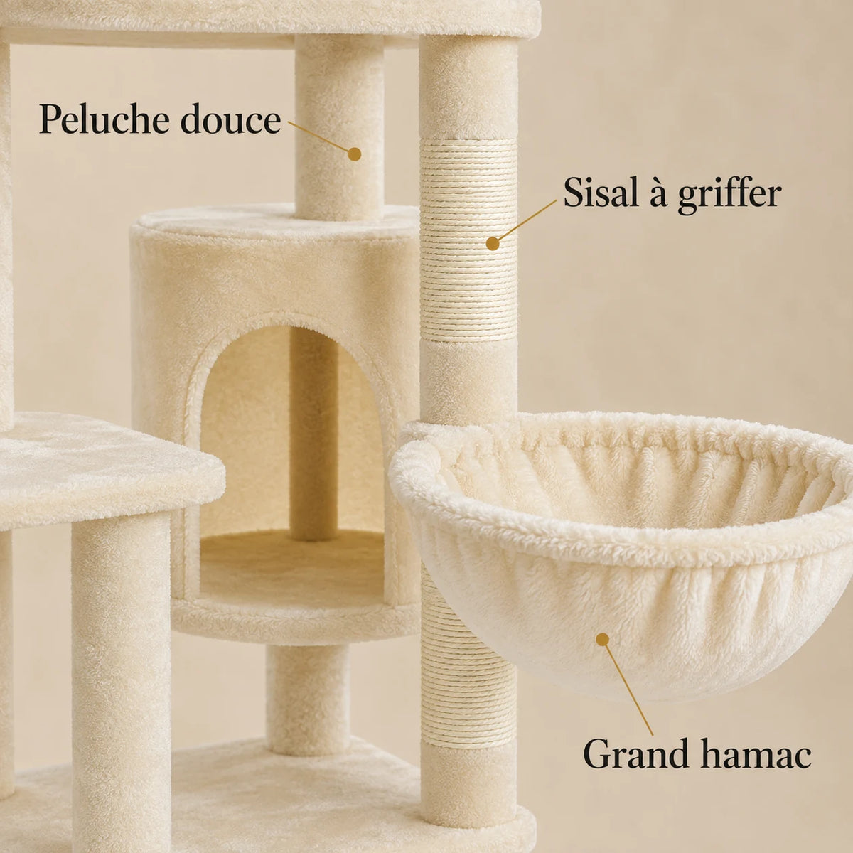 Détails de la peluche beige, du sisal à griffer et du grand hamac de l'arbre à chat Sablier