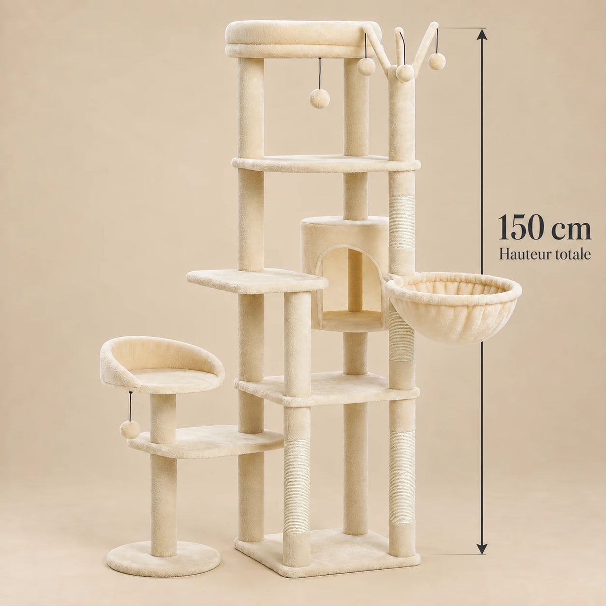 Dimensions de l'arbre à chat Sablier beige avec grand hamac : hauteur totale vérifiée de 150 cm