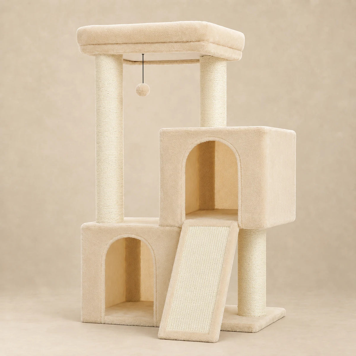 Arbre à chat beige Cobble pour gros chat, vue entière sur fond beige