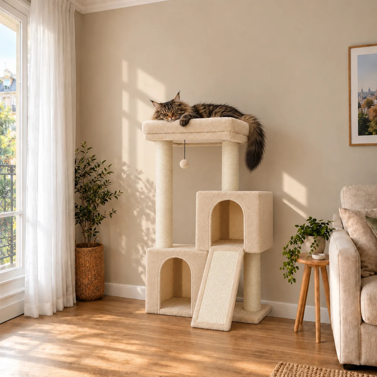 Arbre à chat Cobble beige dans un salon avec un grand chat endormi sur le lit supérieur