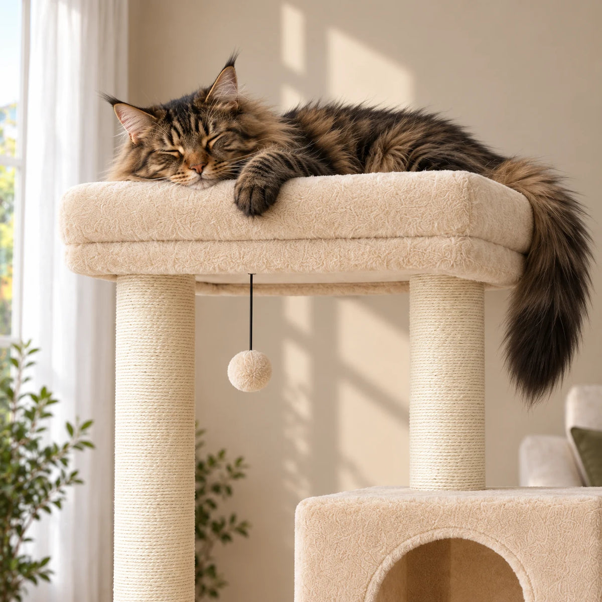 Gros plan d'un Maine Coon endormi sur le couchage de l'arbre à chat Cobble