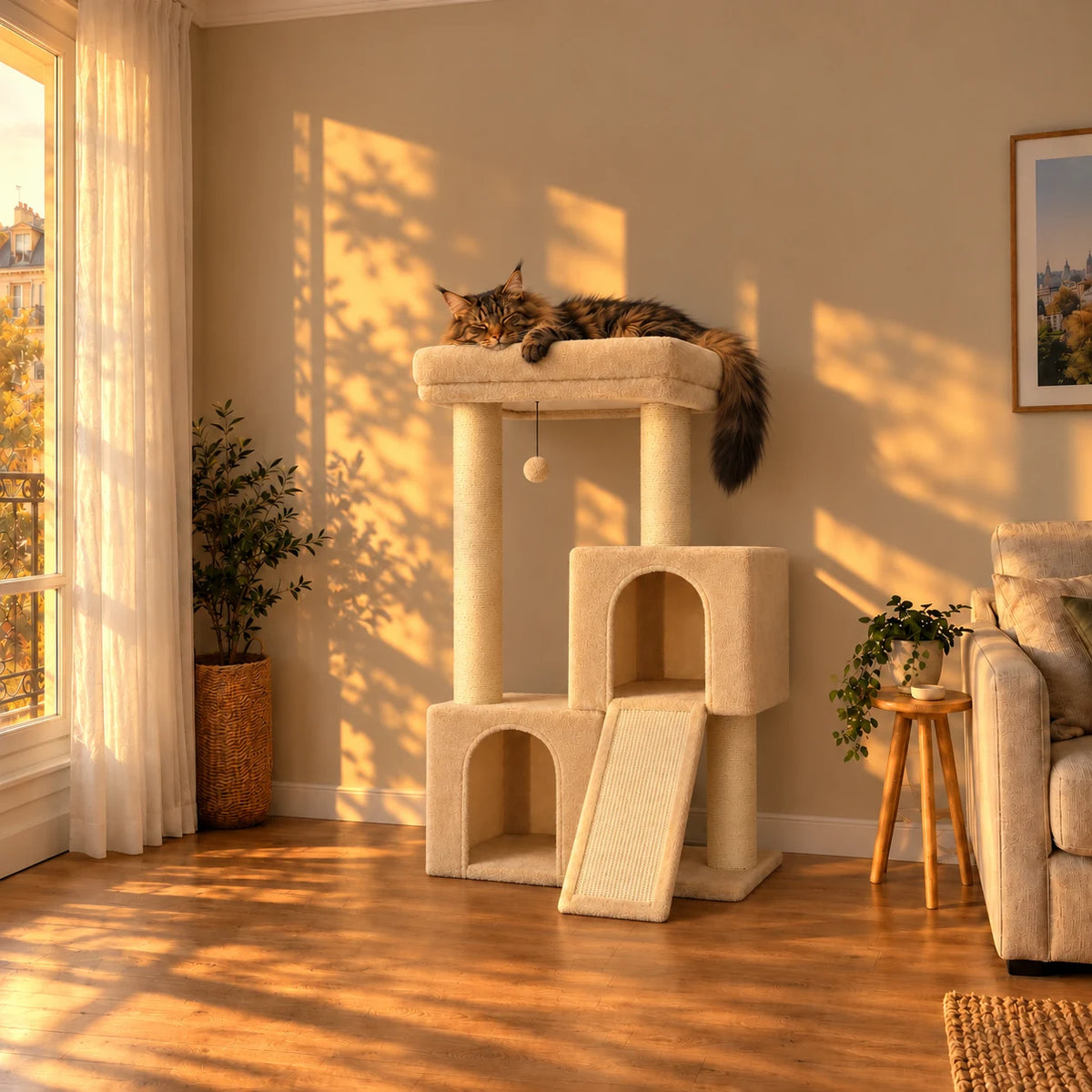 Arbre à chat beige Cobble dans un salon au soleil couchant, chat endormi