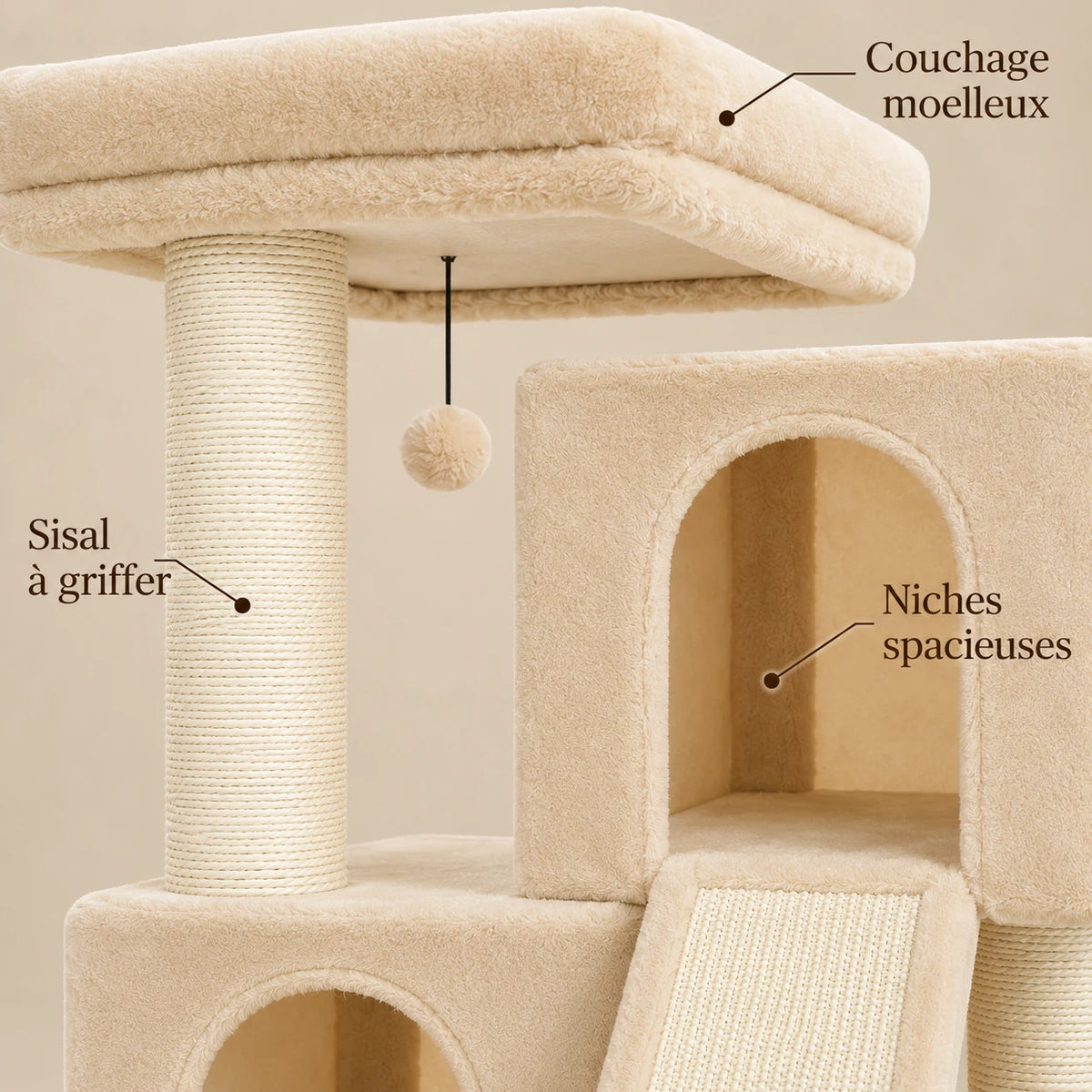 Détails de l'arbre à chat Cobble : couchage moelleux, poteaux en sisal et deux niches