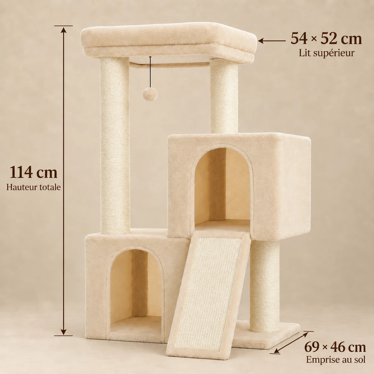 Dimensions de l'arbre à chat Cobble : hauteur 114 cm, lit supérieur 54 × 52 cm, emprise 69 × 46 cm