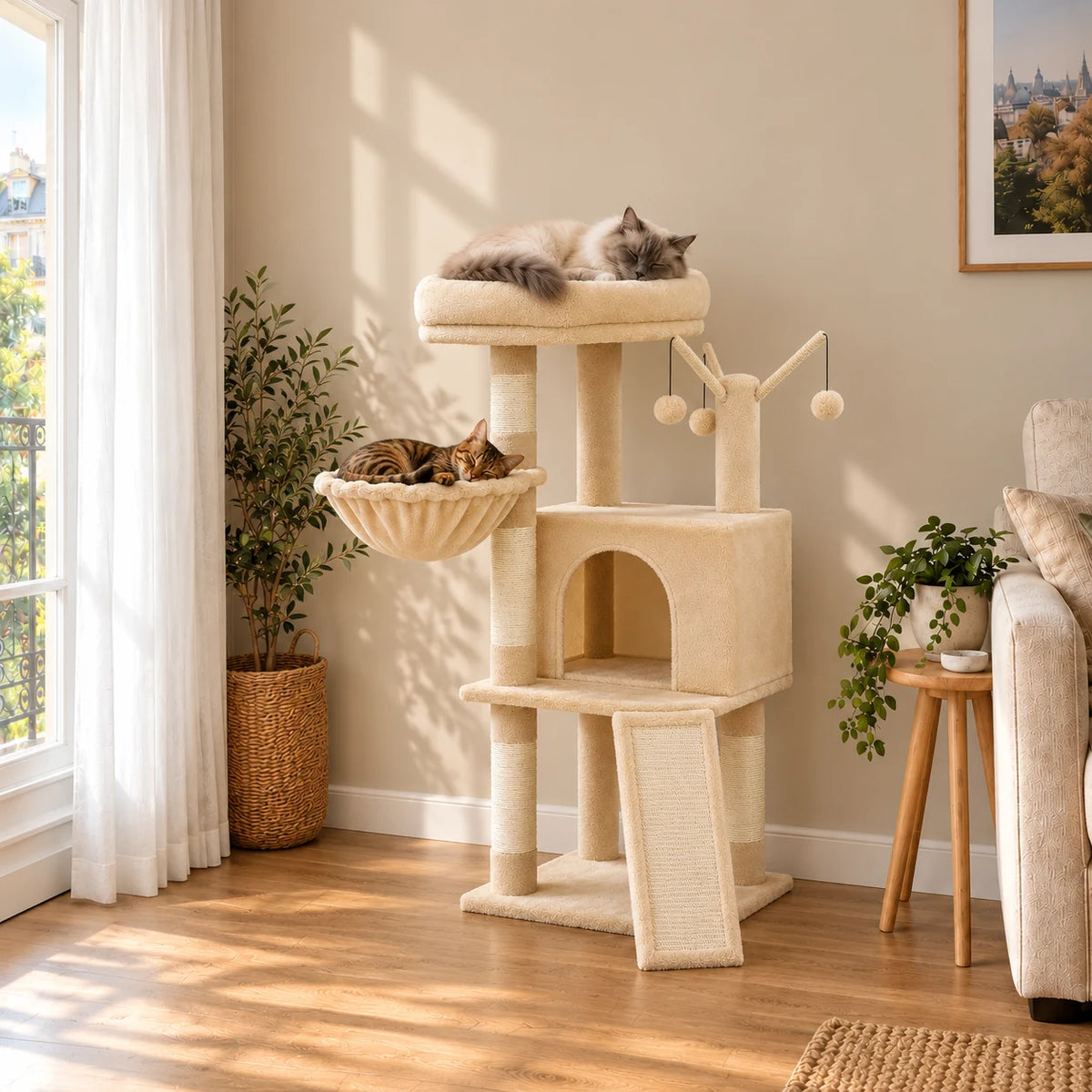 Arbre à chat Oat beige dans un salon avec deux chats endormis sur le perchoir et dans le hamac