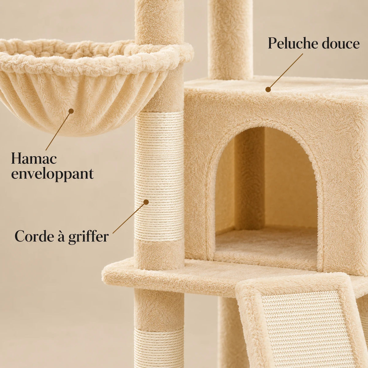 Détails de la peluche douce, de la corde à griffer et du hamac de l’arbre à chat Oat
