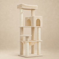 Arbre à chat Froment beige pour Maine Coon de 147 cm avec niche et hamac sur fond beige