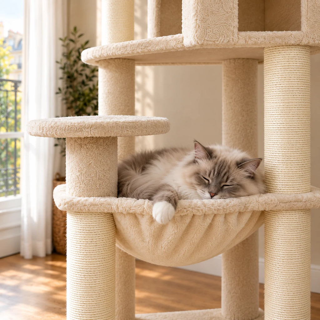 Chat endormi dans le grand hamac beige de l’arbre à chat Froment