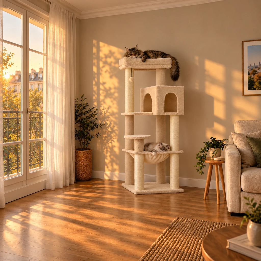 Arbre à chat Froment beige dans un salon éclairé par le coucher du soleil avec deux chats endormis