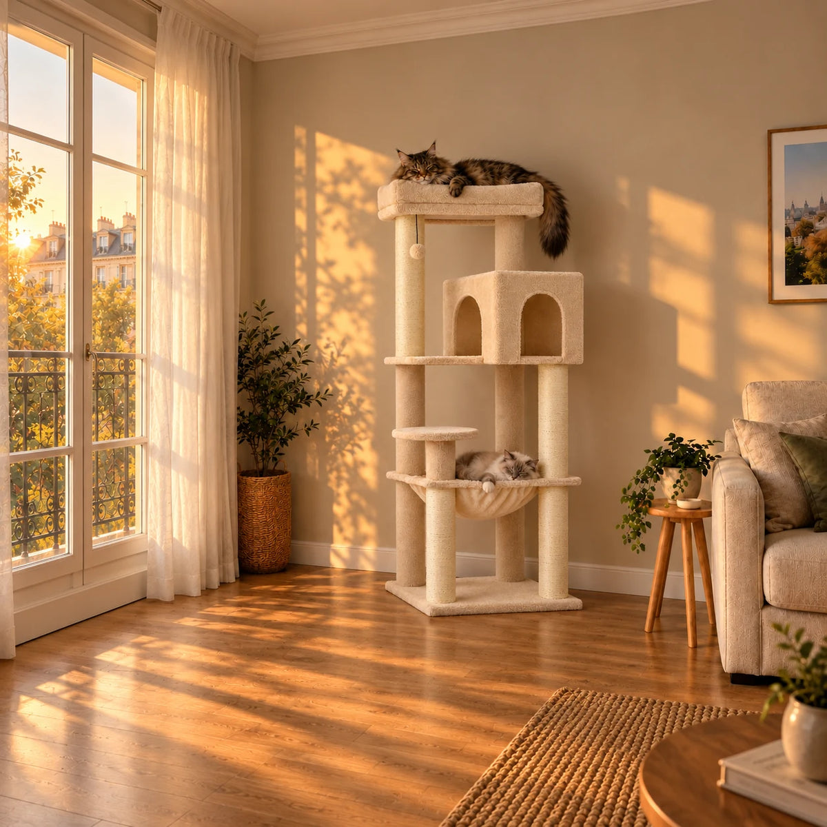 Arbre à chat Froment beige dans un salon éclairé par le coucher du soleil avec deux chats endormis