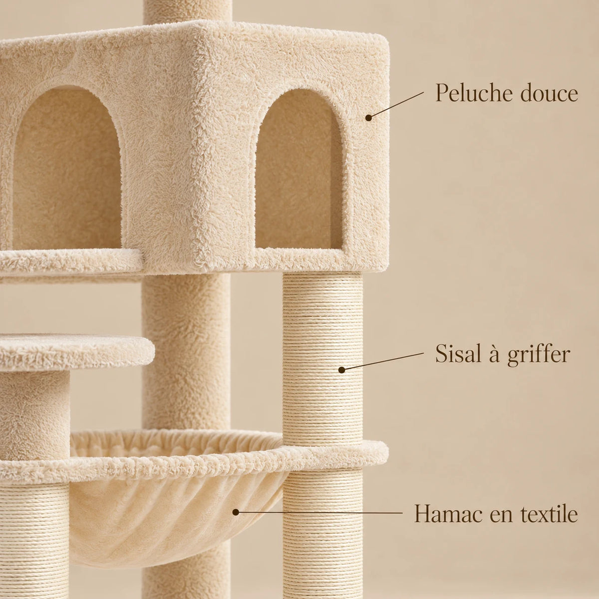 Détails de la peluche beige, du sisal et du hamac de l’arbre à chat Froment
