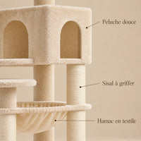 Détails de la peluche beige, du sisal et du hamac de l’arbre à chat Froment
