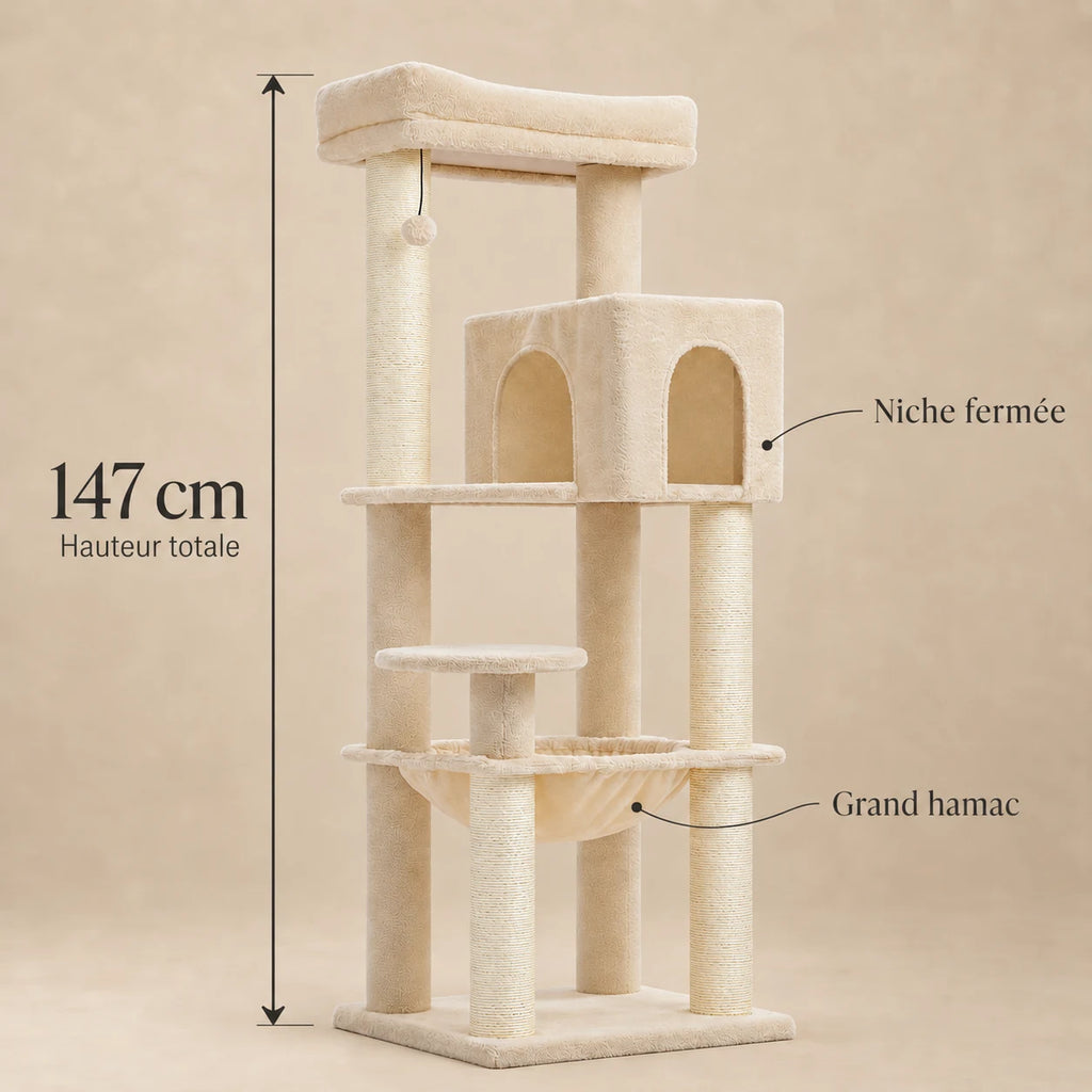 Dimensions de l’arbre à chat Froment beige pour Maine Coon : hauteur totale de 147 cm