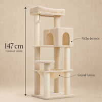 Dimensions de l’arbre à chat Froment beige pour Maine Coon : hauteur totale de 147 cm