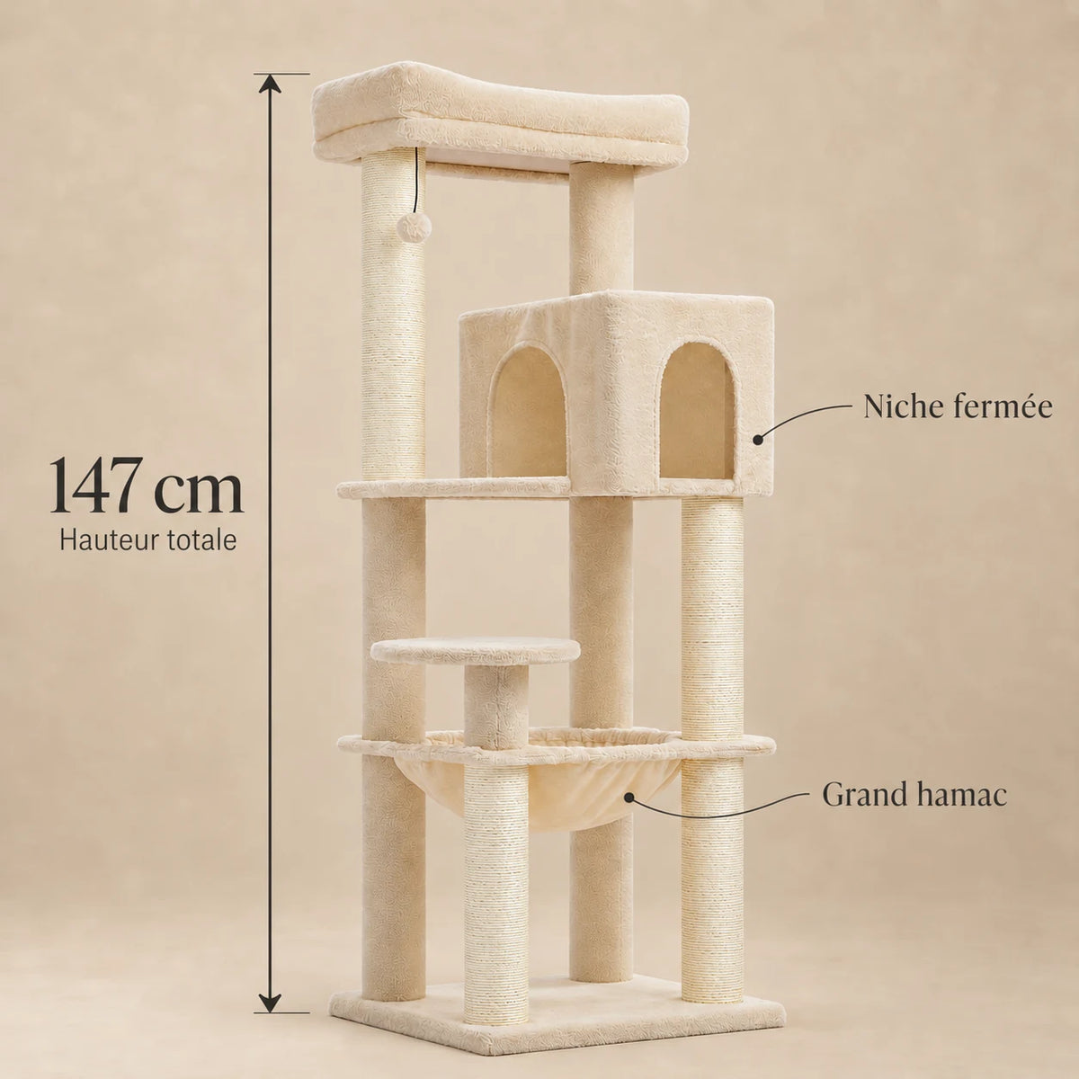Dimensions de l’arbre à chat Froment beige pour Maine Coon : hauteur totale de 147 cm