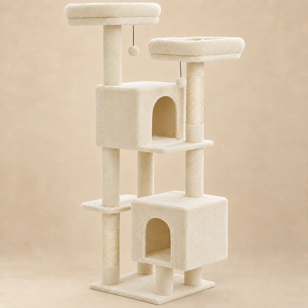 Arbre à chat Primrose beige écru de 133 cm avec deux niches et deux perchoirs sur fond beige