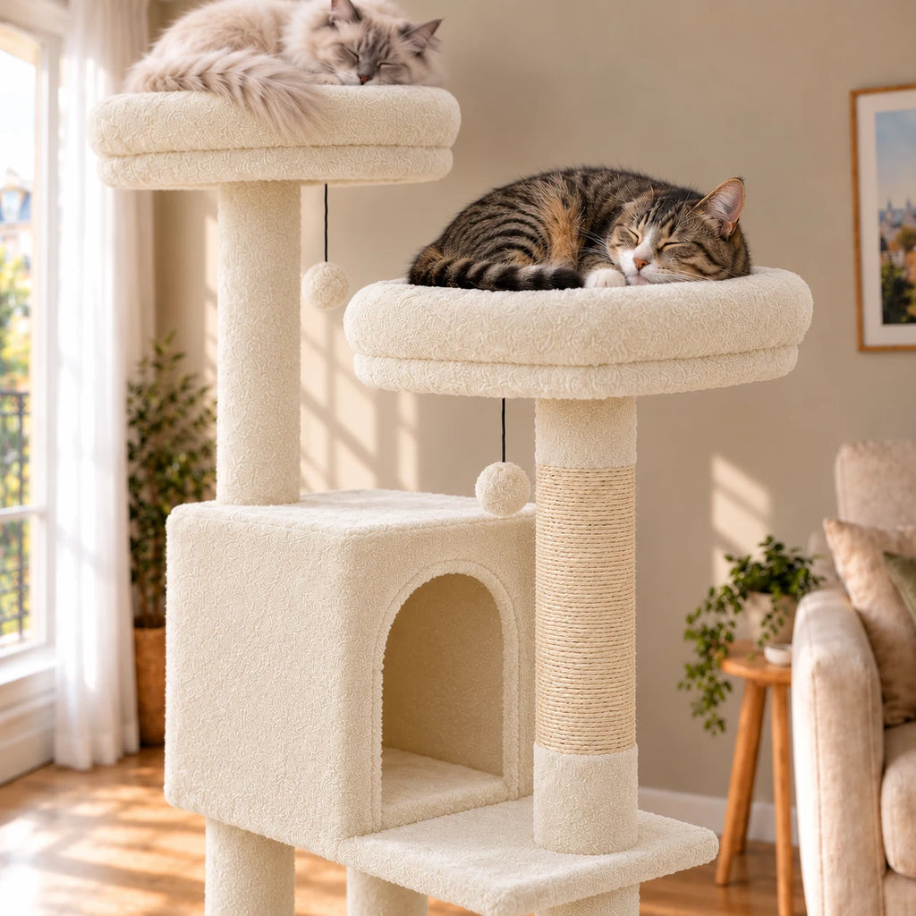 Gros plan de deux chats endormis sur les perchoirs de l’arbre à chat Primrose beige écru