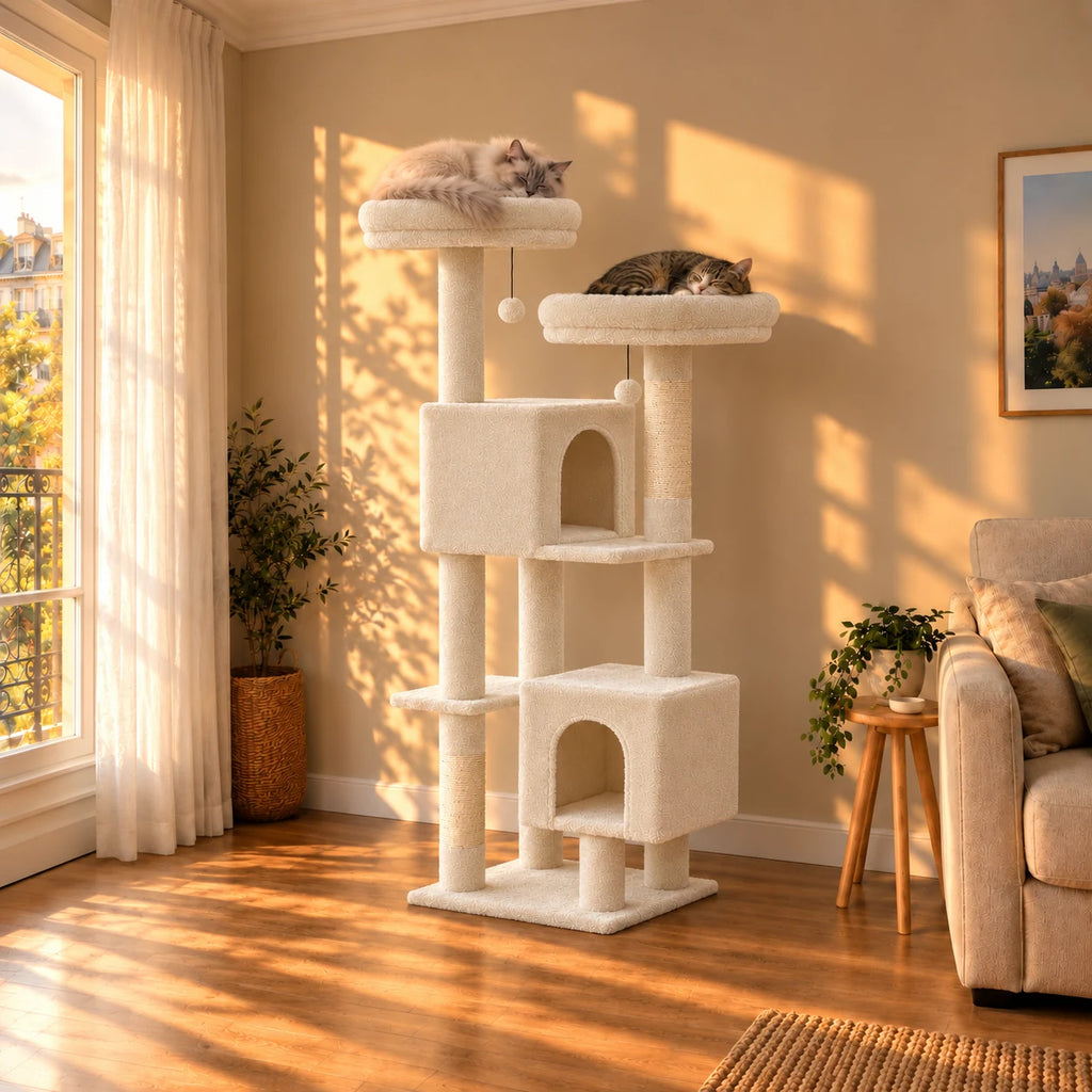 Arbre à chat Primrose beige écru dans un salon au coucher du soleil avec deux chats endormis
