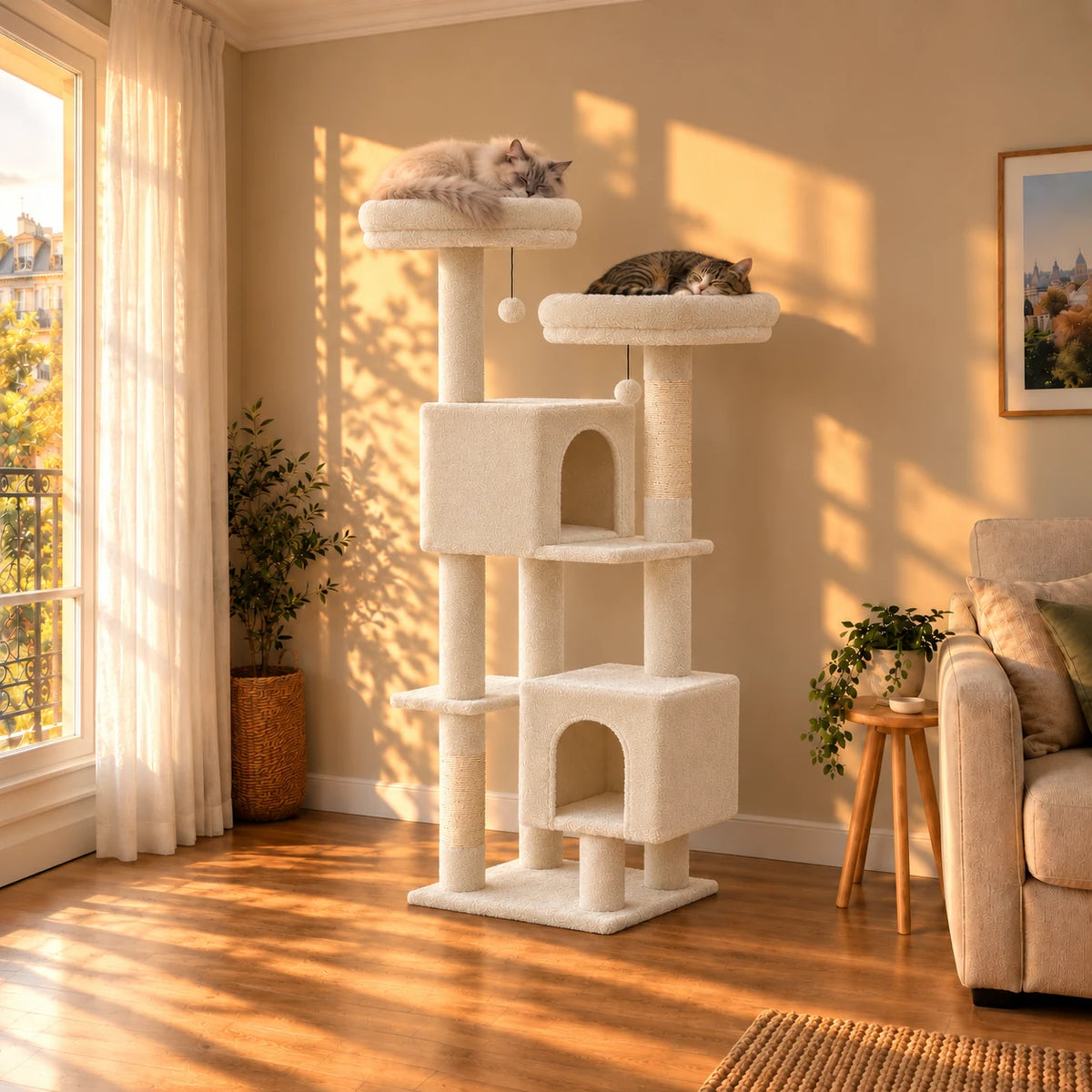 Arbre à chat Primrose beige écru dans un salon au coucher du soleil avec deux chats endormis