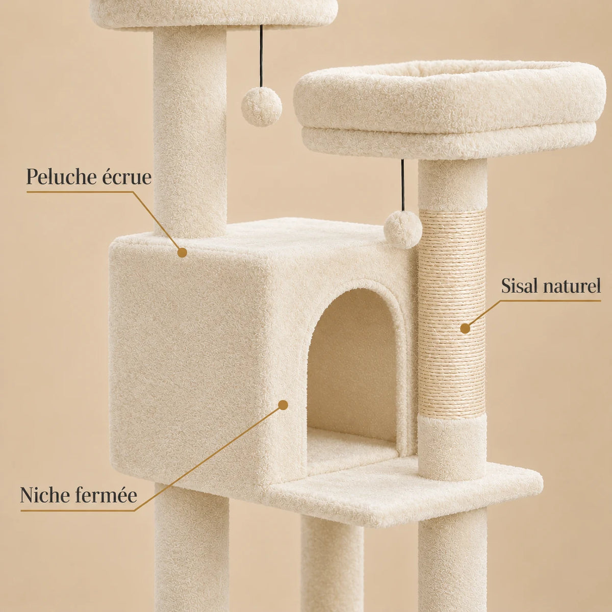Détails de la peluche écrue, du sisal naturel et de la niche fermée de l’arbre à chat Primrose